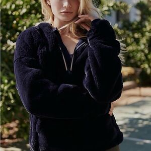 Free People Movement, Women's Off the Record Soft faux fur Hoodie, Dark Blue